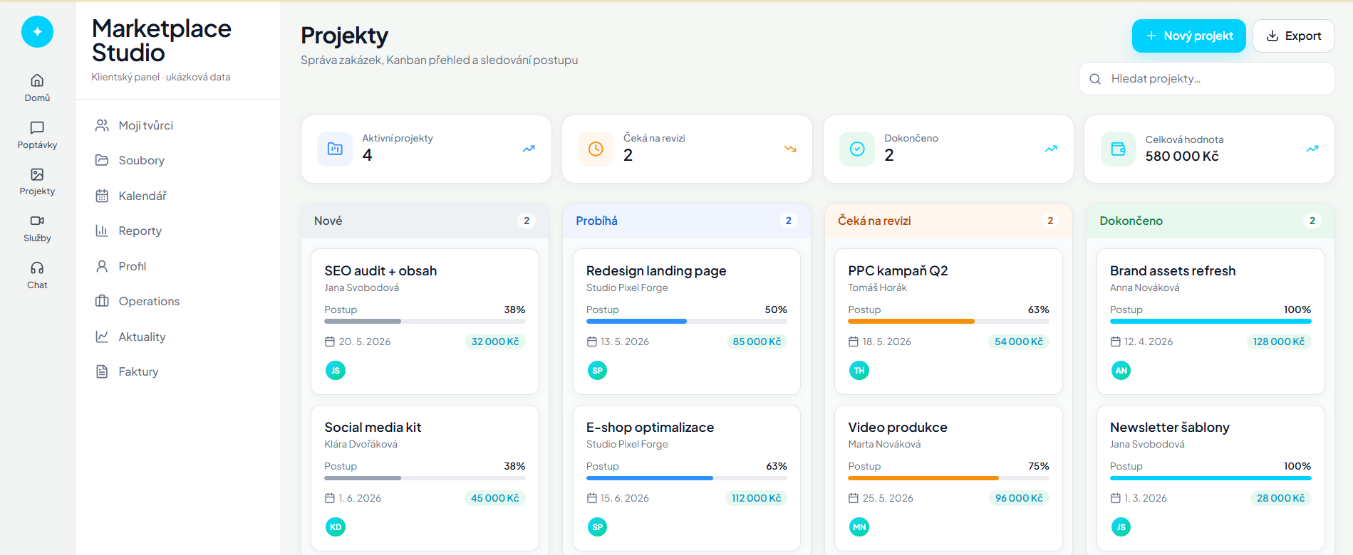 Marketplace Studio — klientský dashboard s přehledem projektů